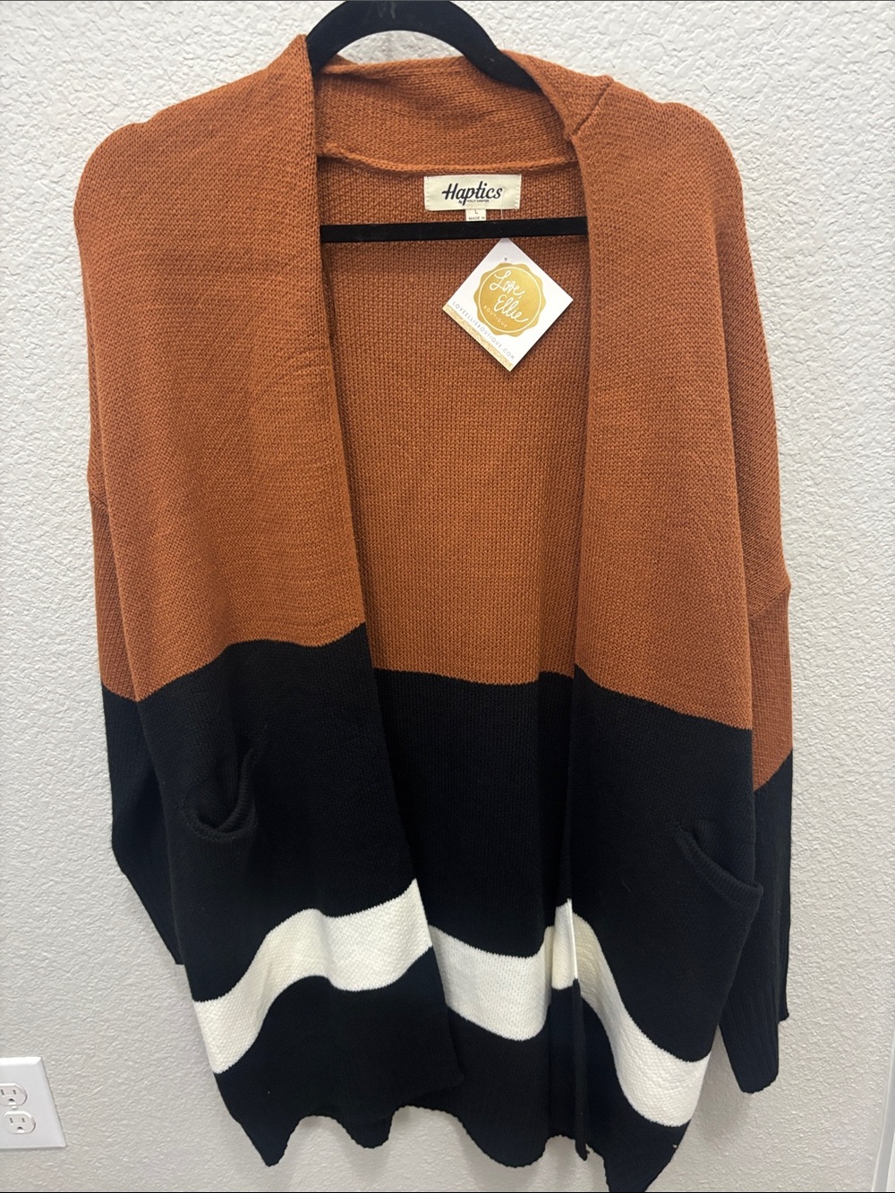 Haptics Colorblock Open-Front Cardigan Sweater - Rust/Black/White
